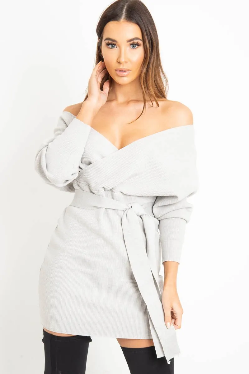 Grey Rib Belted Plunge Jumper Dress - Ember