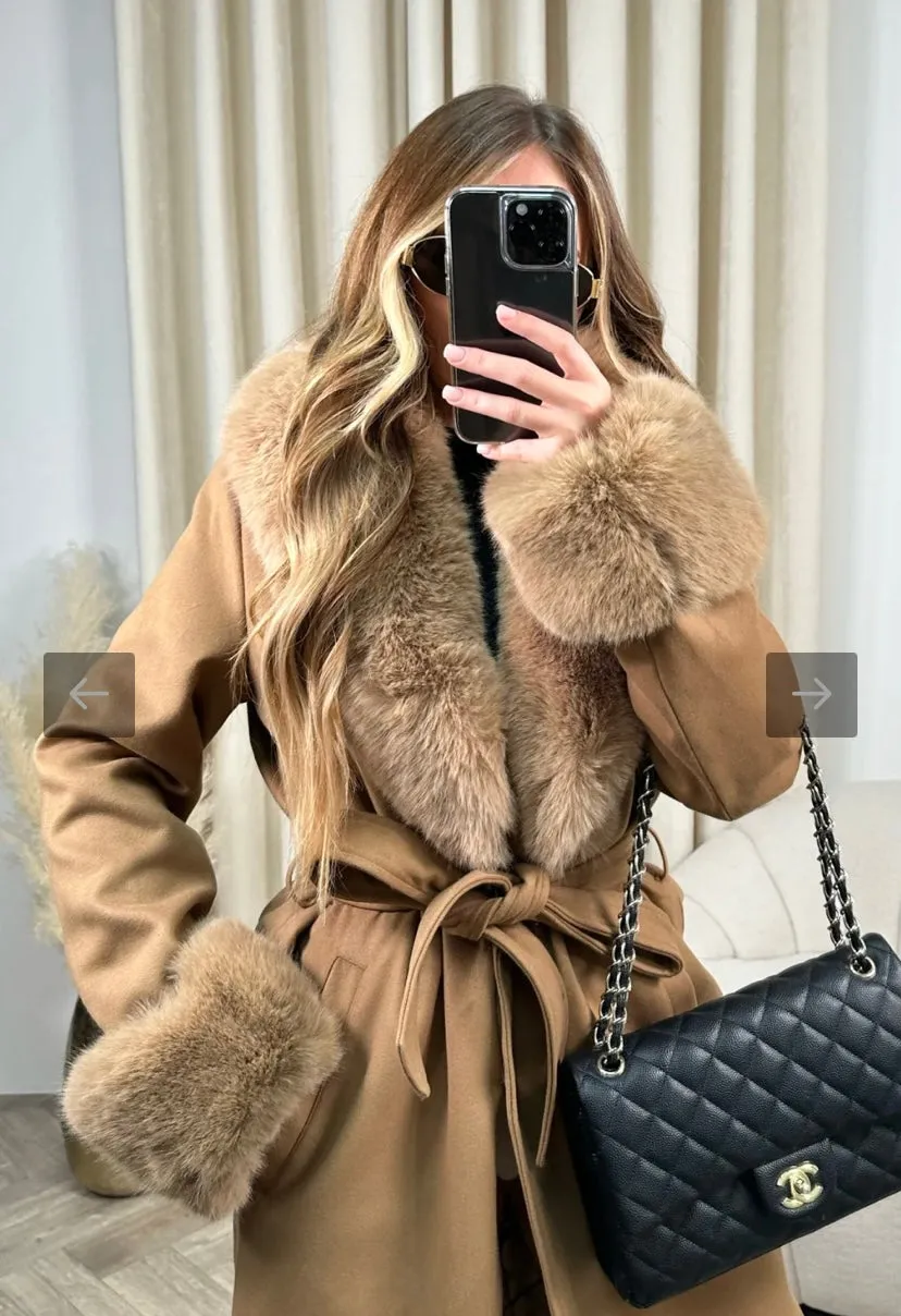 Hazel camel felt faux fur long coat