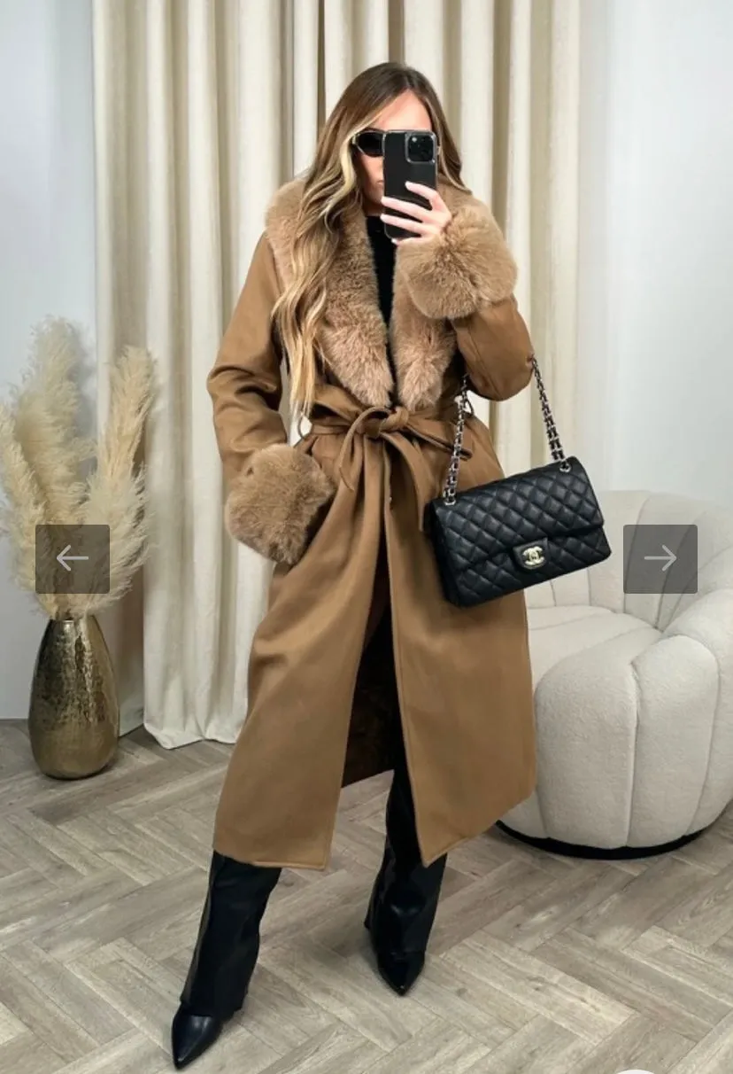 Hazel camel felt faux fur long coat