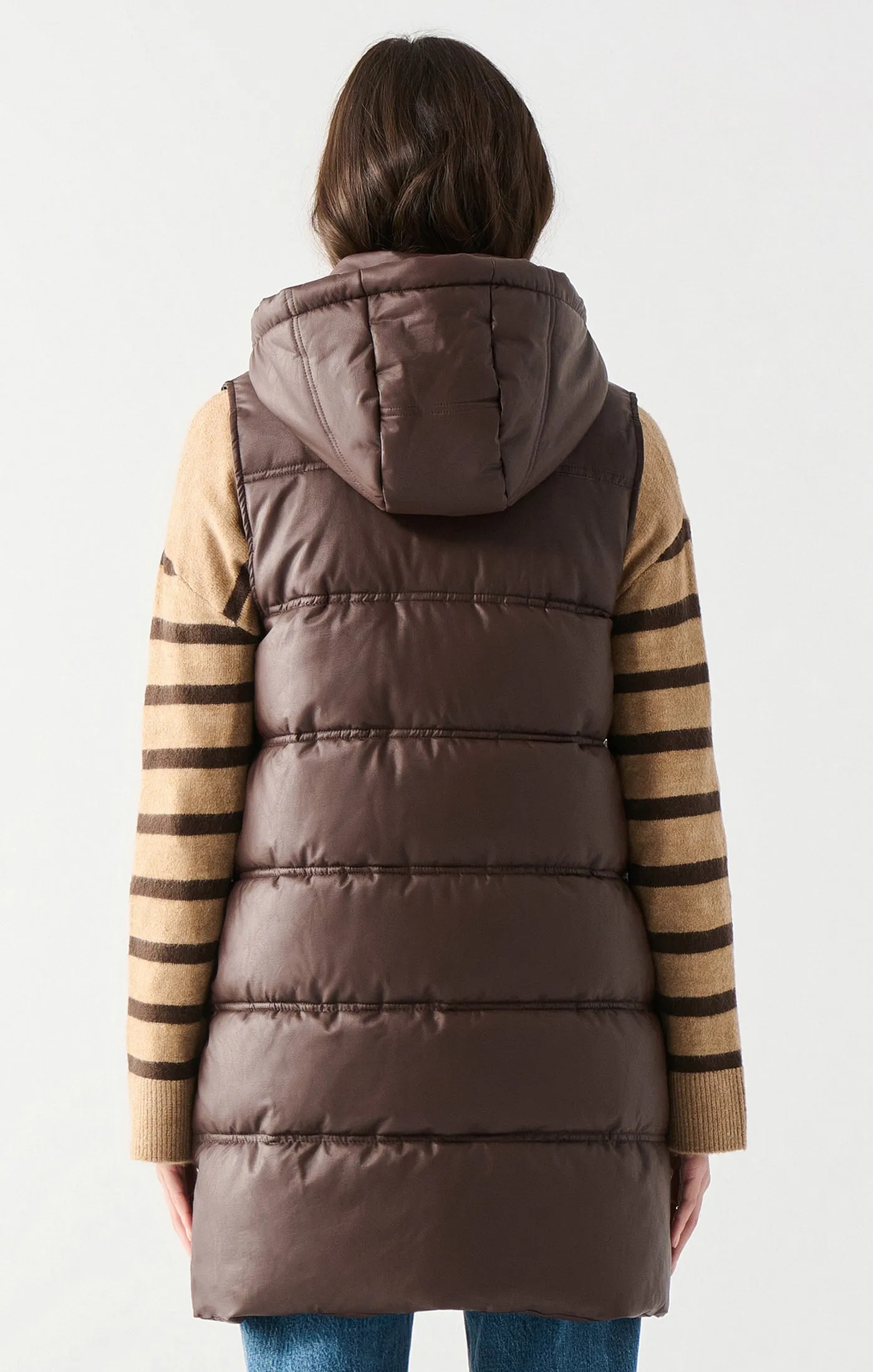 Hooded Faux Leather Puffer Vest