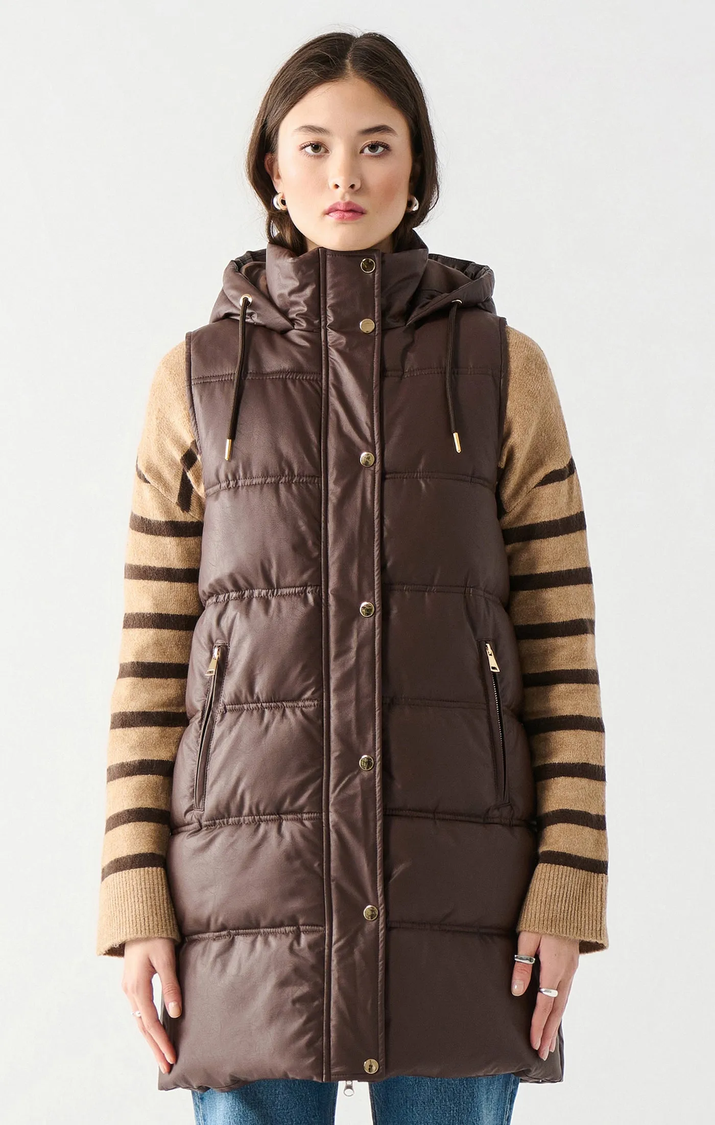 Hooded Faux Leather Puffer Vest