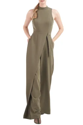 Kay Unger Mockneck Sleeveless Asymmetrical Belted Overlay Wide Leg Stretch Crepe Jumpsuit