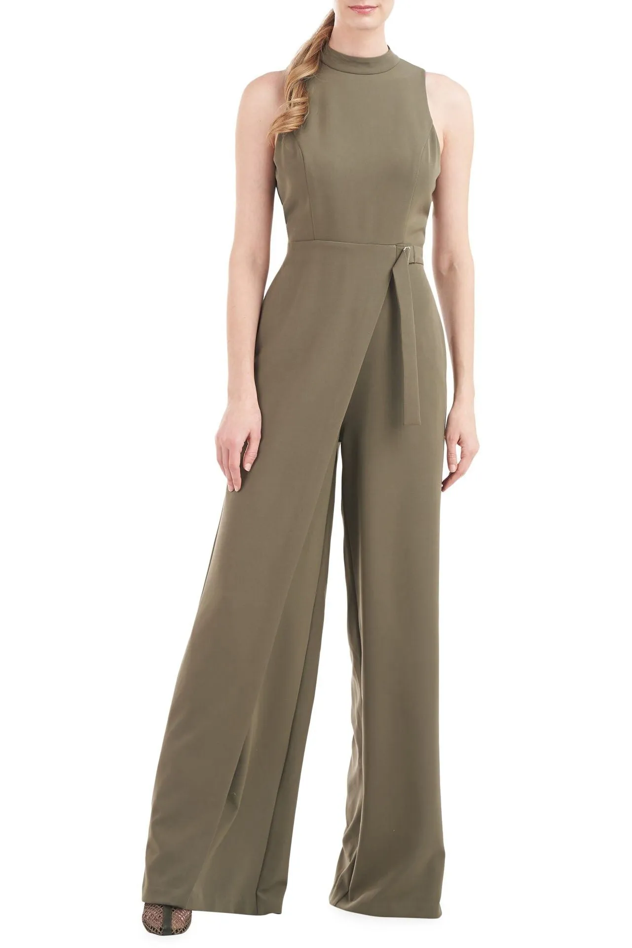 Kay Unger Mockneck Sleeveless Asymmetrical Belted Overlay Wide Leg Stretch Crepe Jumpsuit