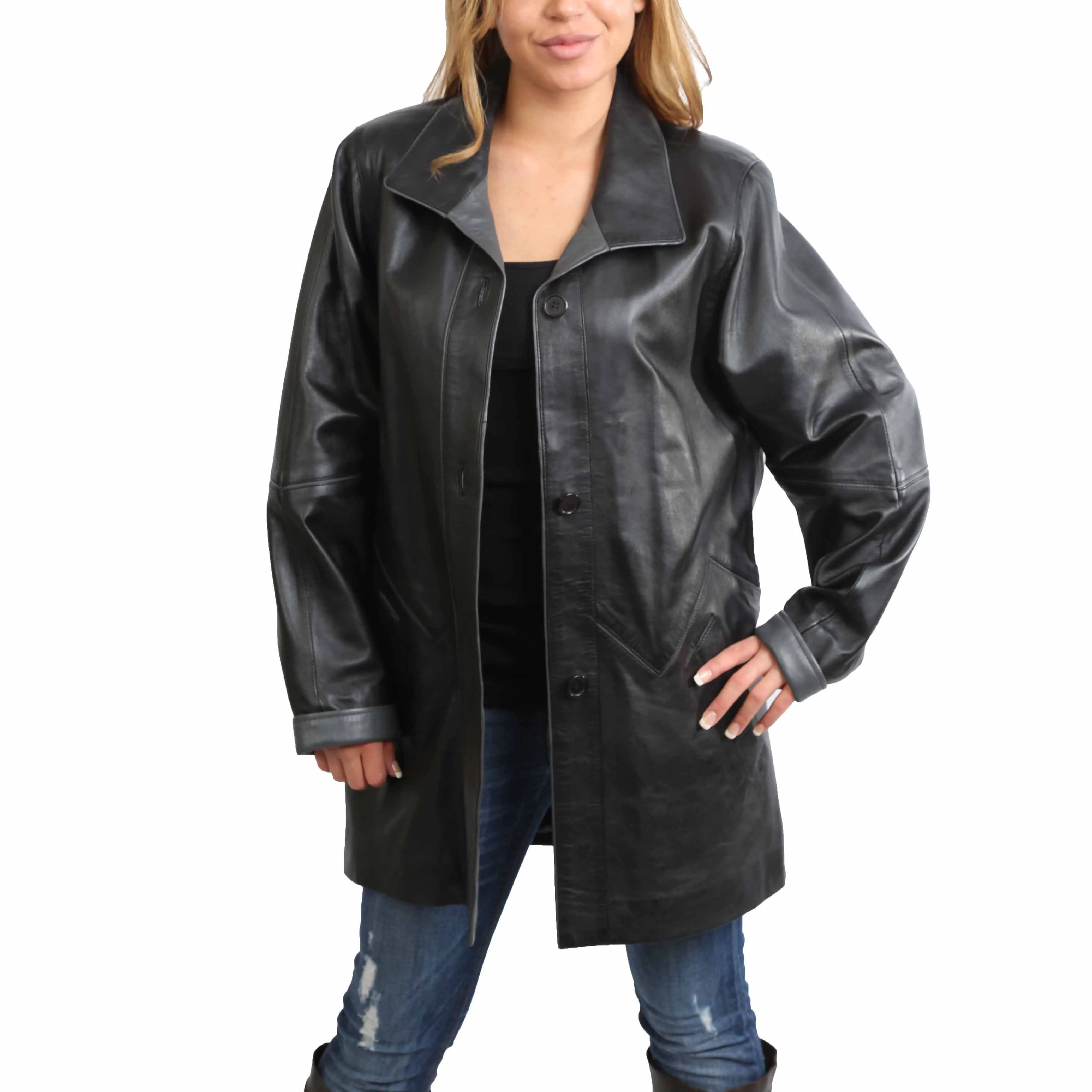 Ladies Classic Parka Real Leather Coat Trim Jacket Lulu Black-Grey