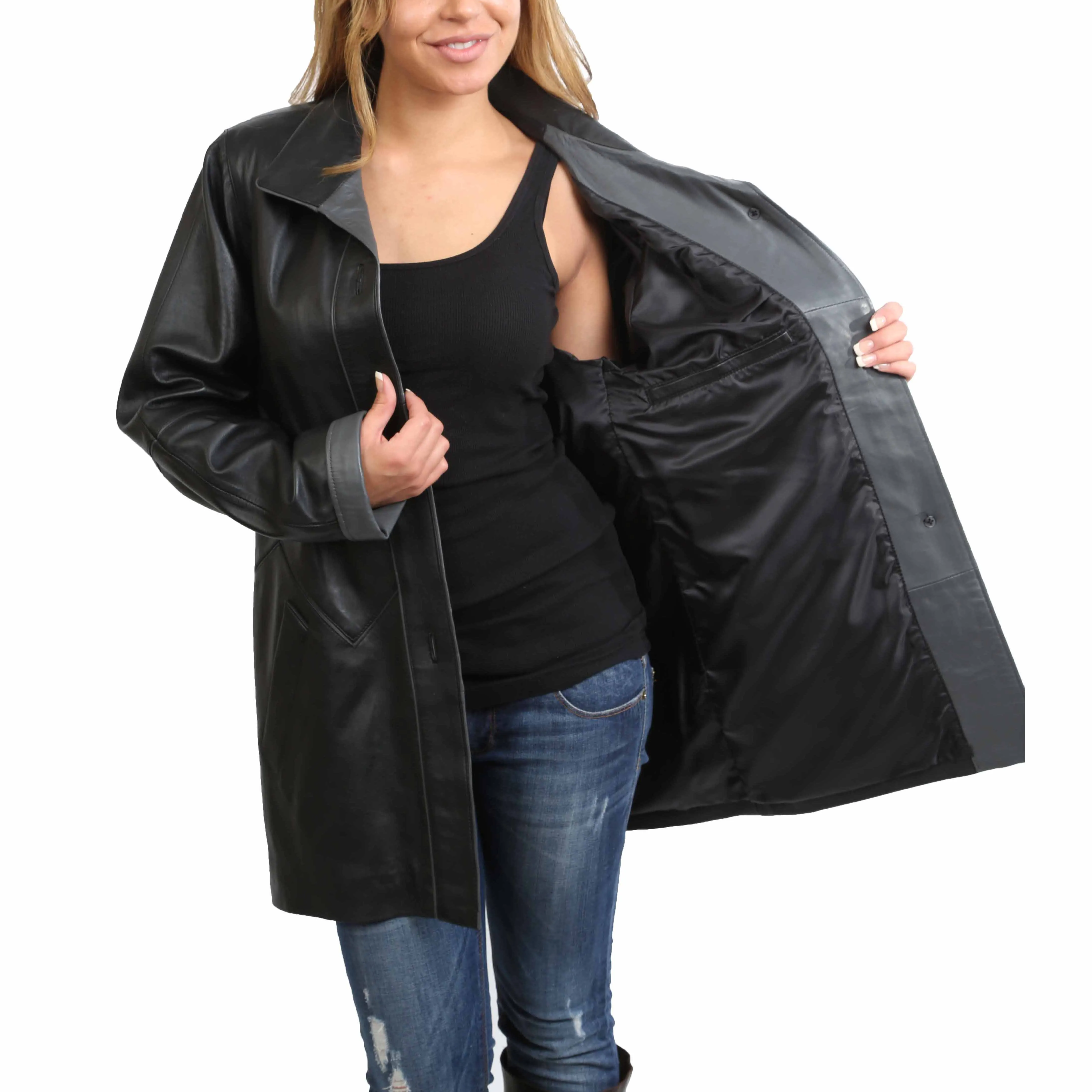 Ladies Classic Parka Real Leather Coat Trim Jacket Lulu Black-Grey