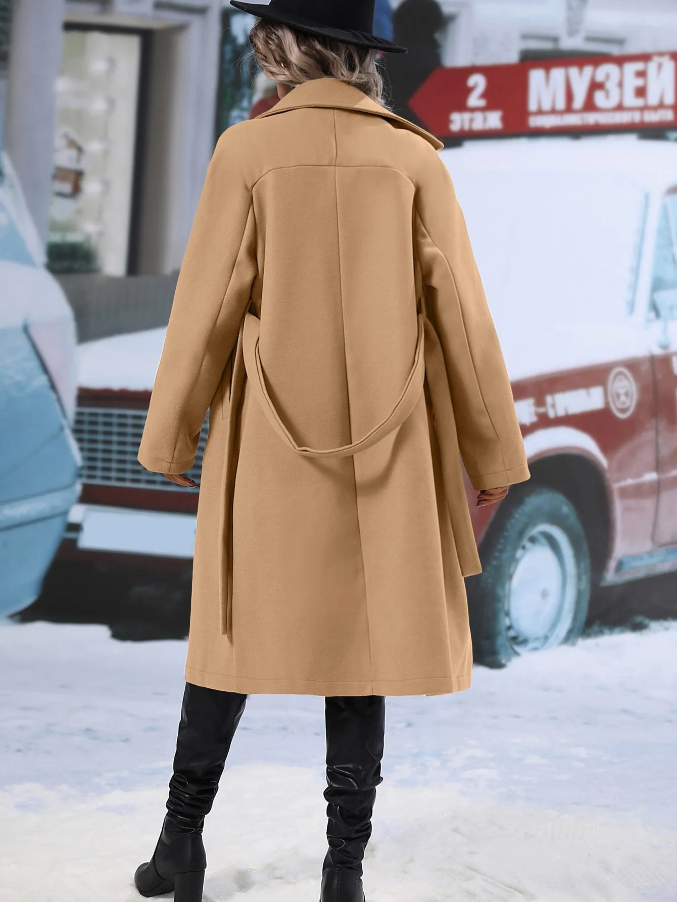 Lapel Neck Double Breasted Belted Overcoat