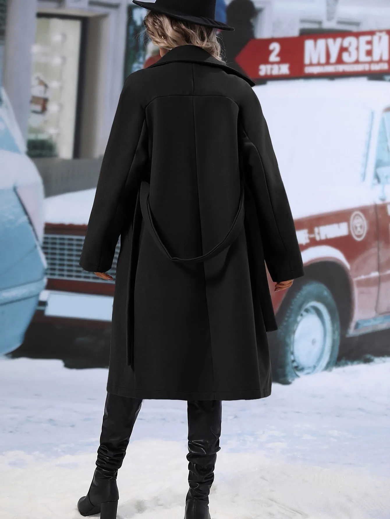 Lapel Neck Double Breasted Belted Overcoat