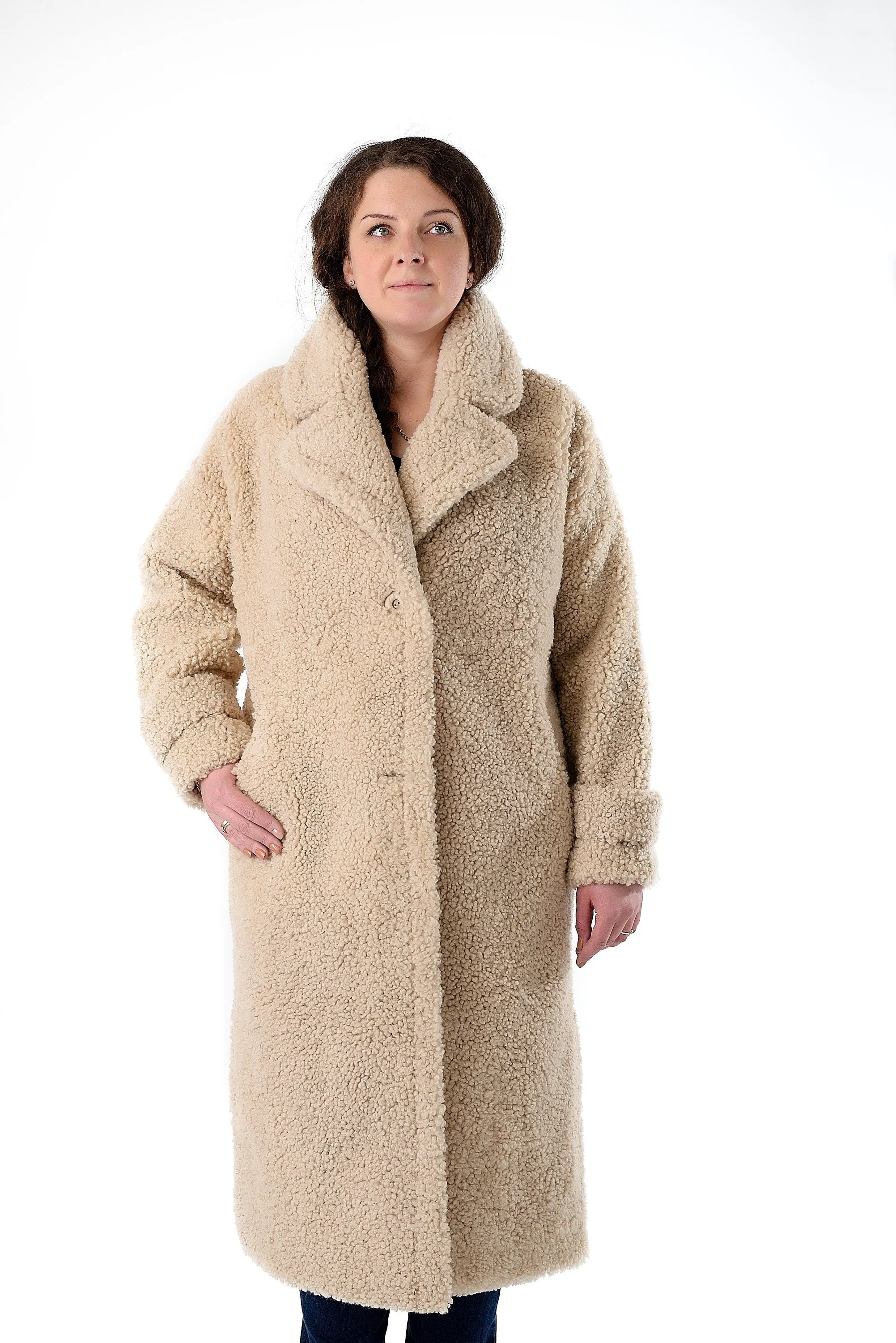 Long Womens Teddy Sheepskin Coat with Wide Collar Button Front in Beige Color