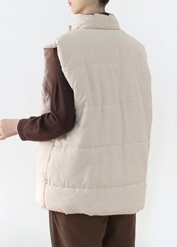 Loose Apricot Stand Collar Zippered Warm Thick Parka Waistcoat Winter