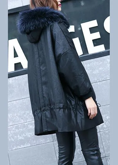 Luxury black overcoat trendy plus size winter jacket hooded fur collar overcoat