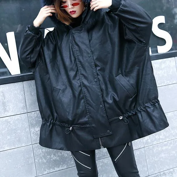 Luxury black overcoat trendy plus size winter jacket hooded fur collar overcoat