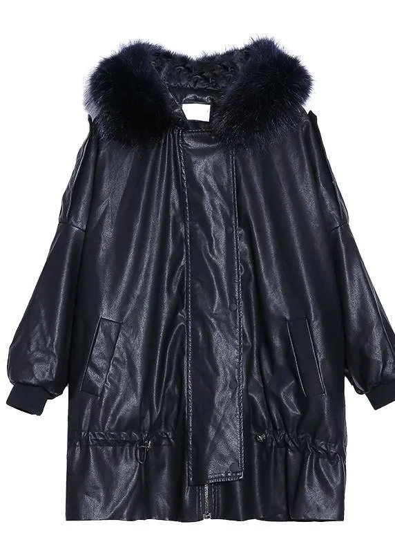 Luxury black overcoat trendy plus size winter jacket hooded fur collar overcoat