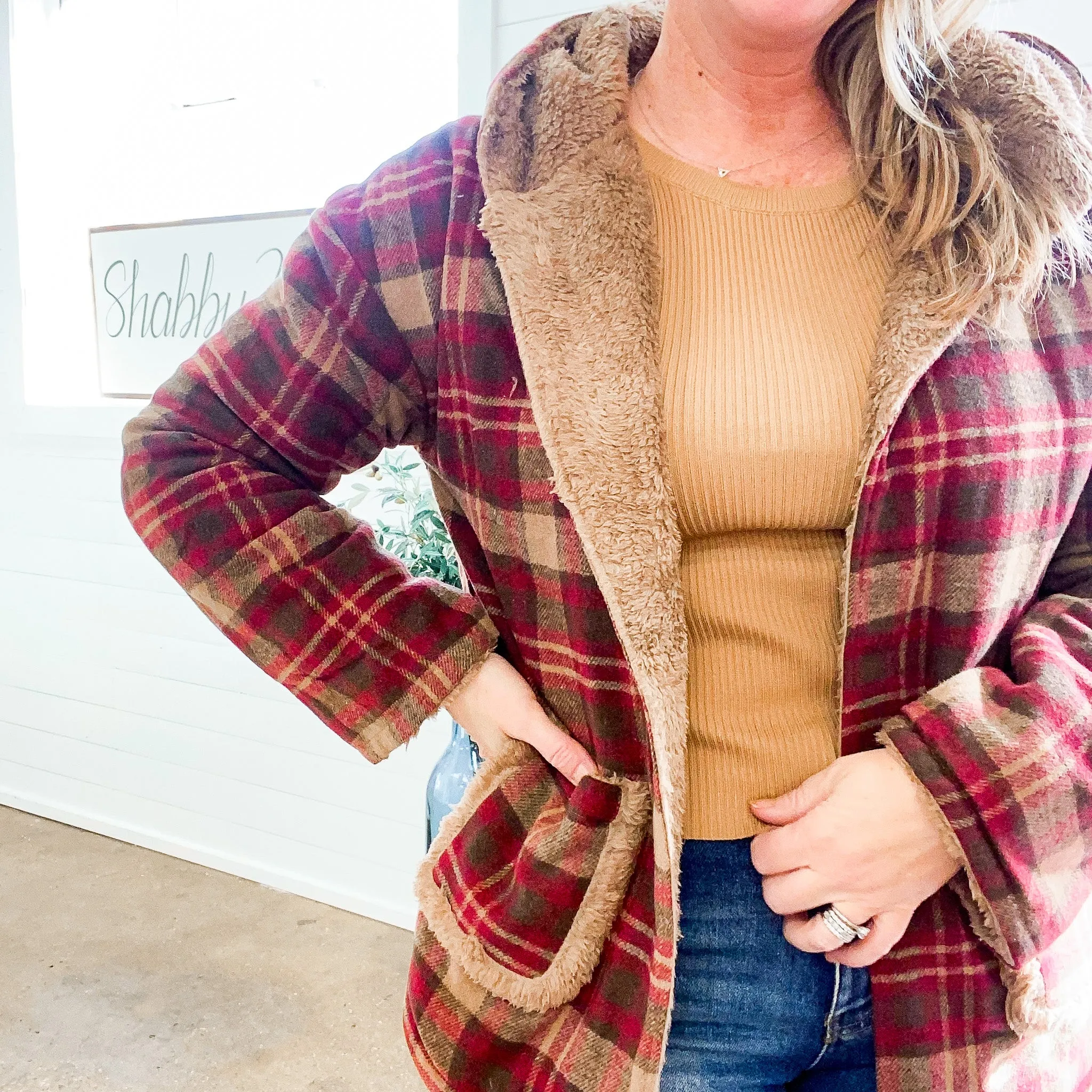 Lydia Plaid Sherpa Jacket in Burgundy