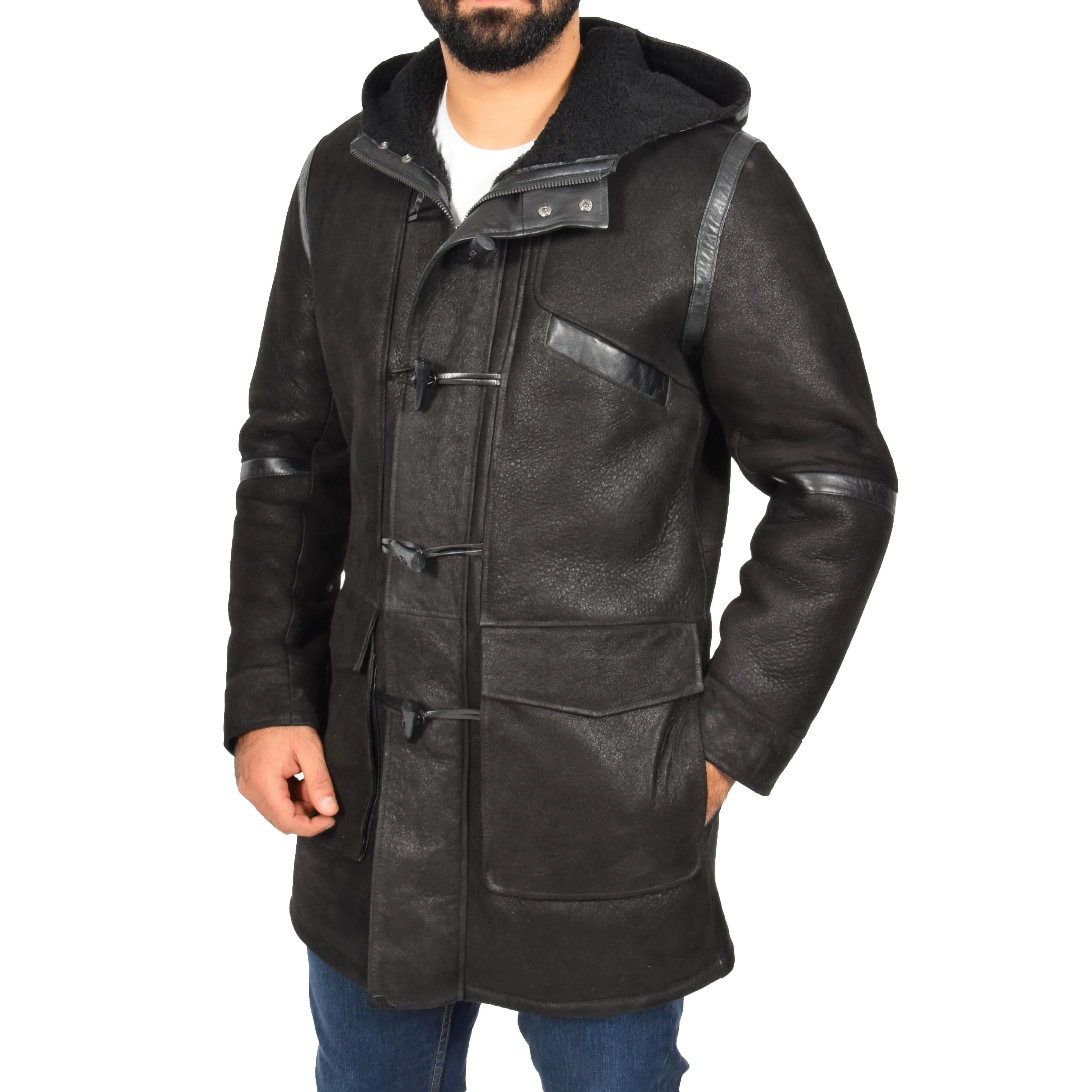 Mens Genuine Sheepskin Duffle Coat 3/4 Long Hooded Jacket Ace Black