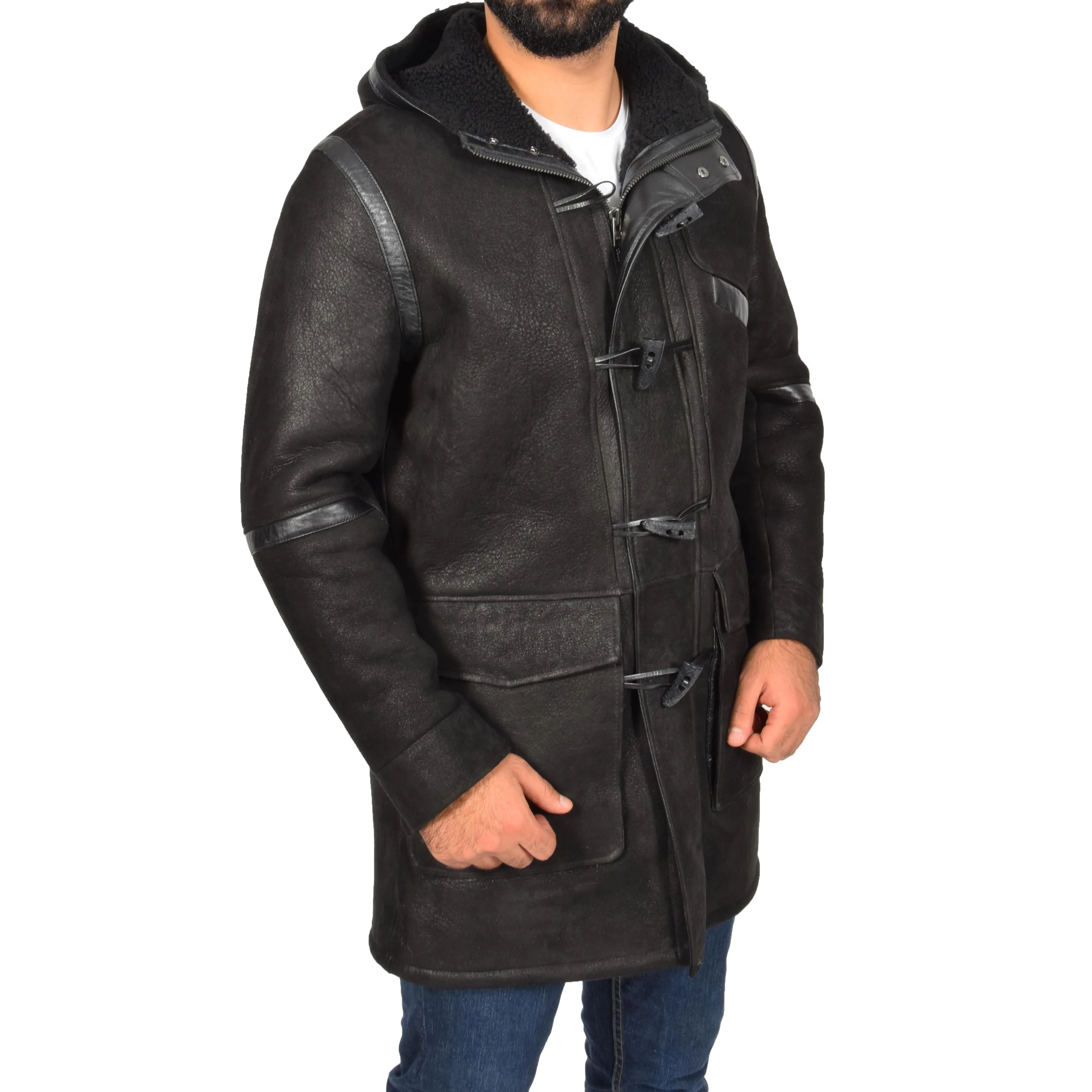 Mens Genuine Sheepskin Duffle Coat 3/4 Long Hooded Jacket Ace Black