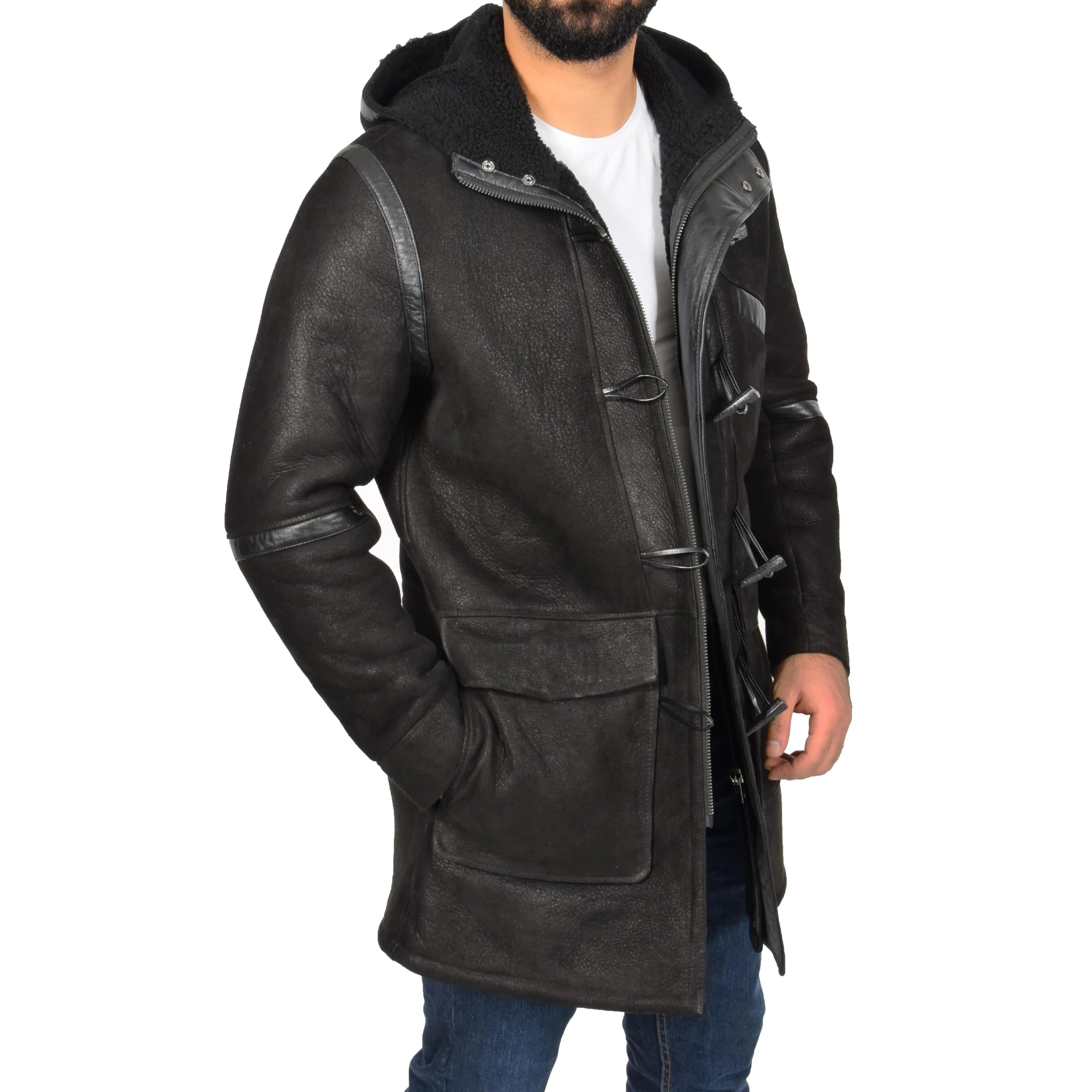 Mens Genuine Sheepskin Duffle Coat 3/4 Long Hooded Jacket Ace Black