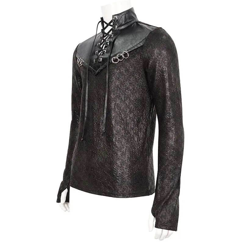 Men's Gothic Strappy Stand Collar Faux Leather Splice Shirt