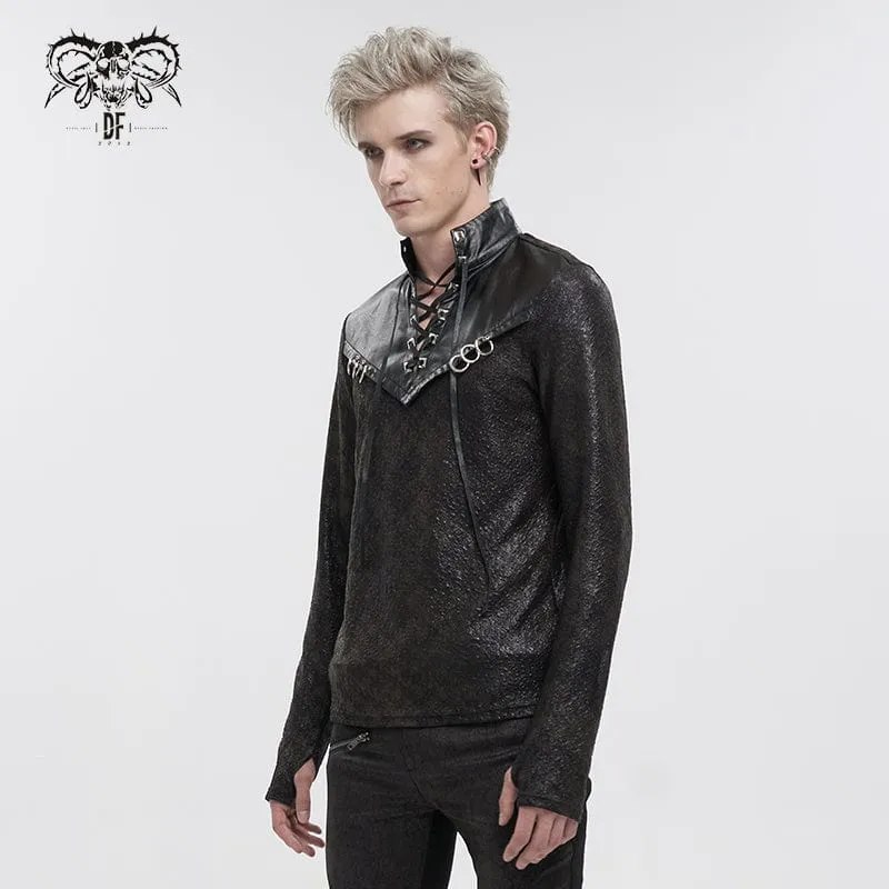 Men's Gothic Strappy Stand Collar Faux Leather Splice Shirt