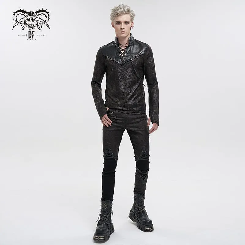 Men's Gothic Strappy Stand Collar Faux Leather Splice Shirt