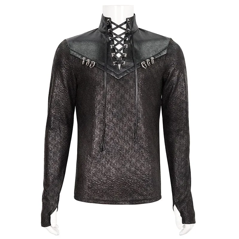 Men's Gothic Strappy Stand Collar Faux Leather Splice Shirt