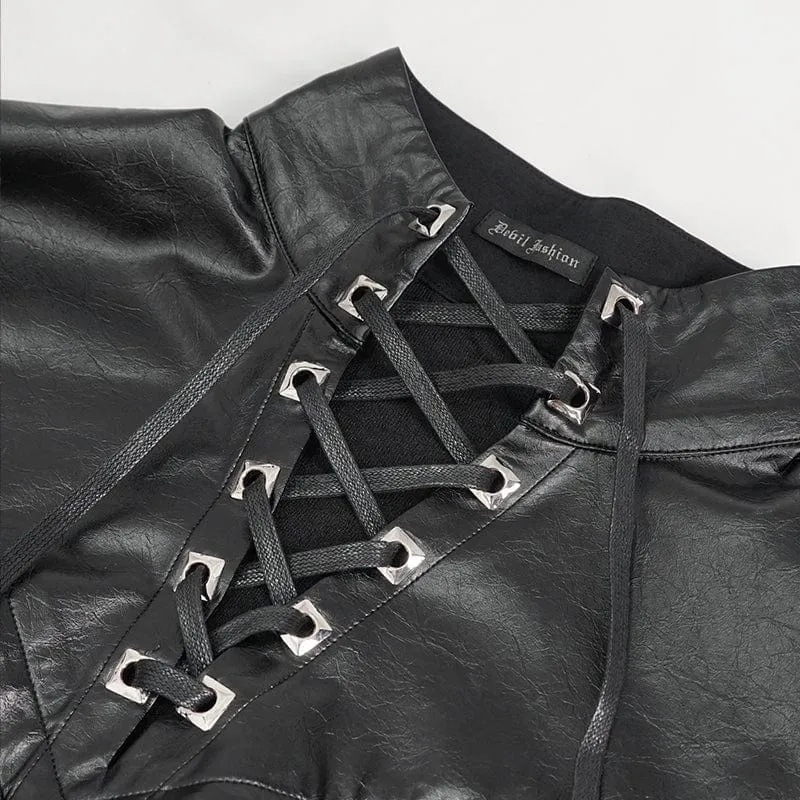 Men's Gothic Strappy Stand Collar Faux Leather Splice Shirt