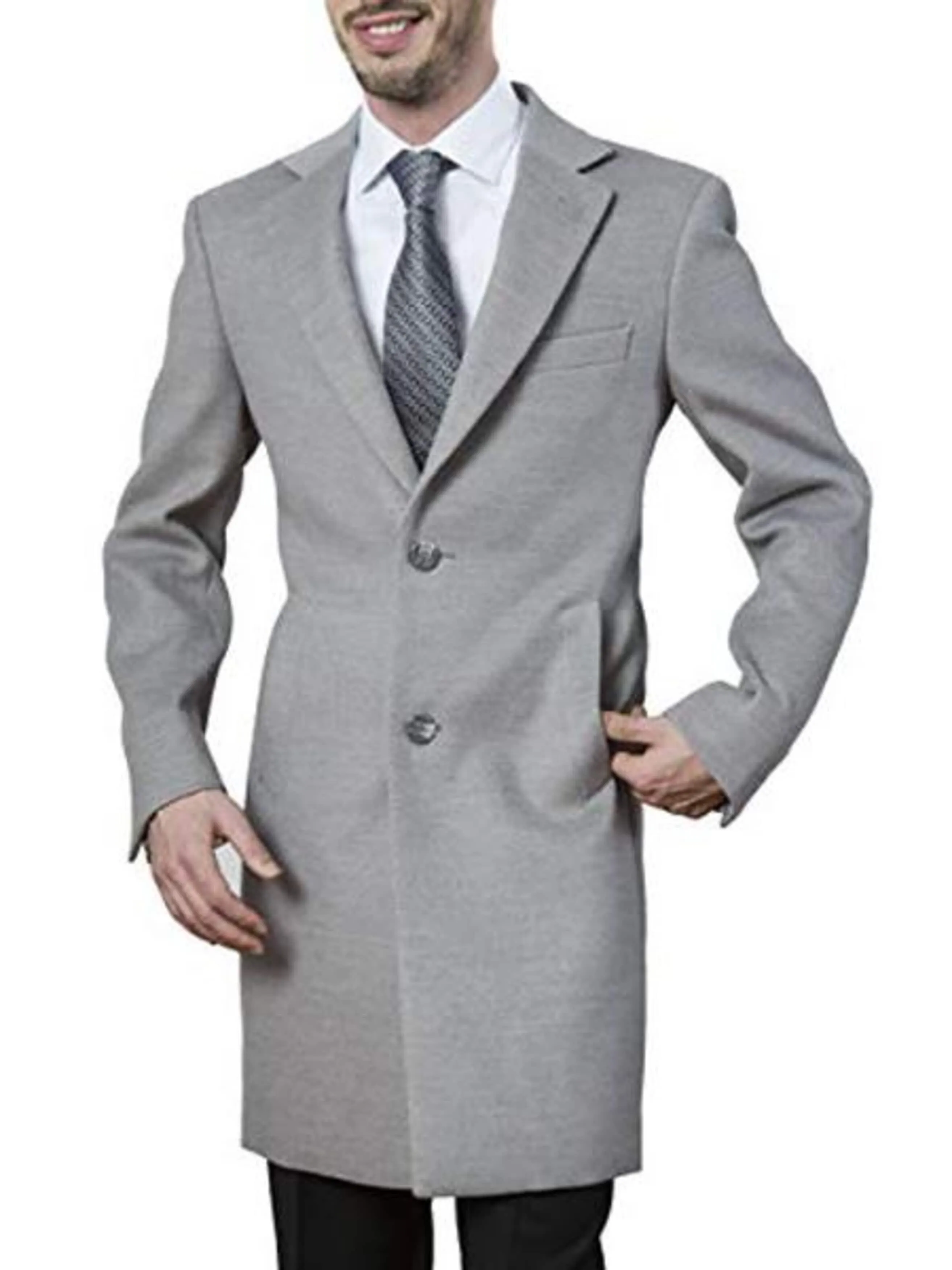 Men's Polyester ~ Viscose ~ Spandex Light Grey Modern Fit Long men's Dress Topcoat - Winter coat