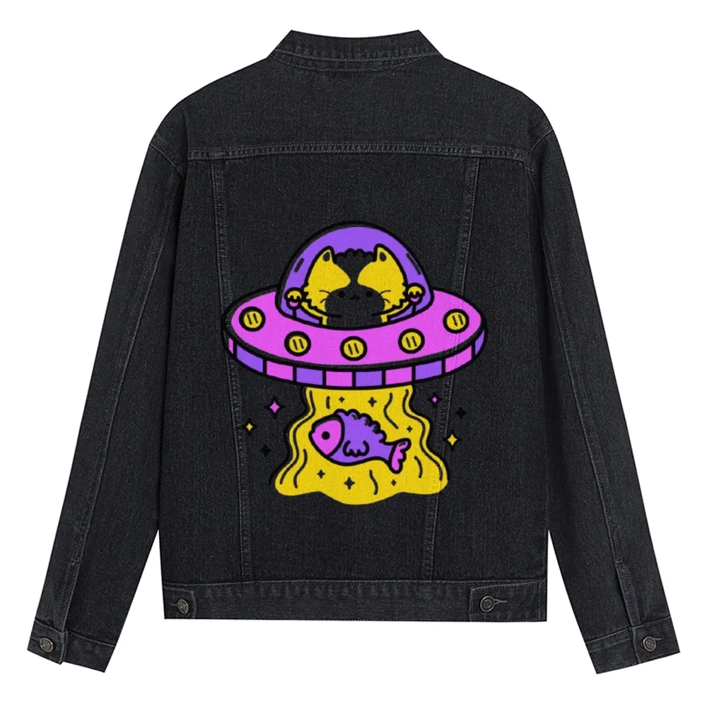 Mens Vintage Cartoon Prints Cat UFO Denim Jacket