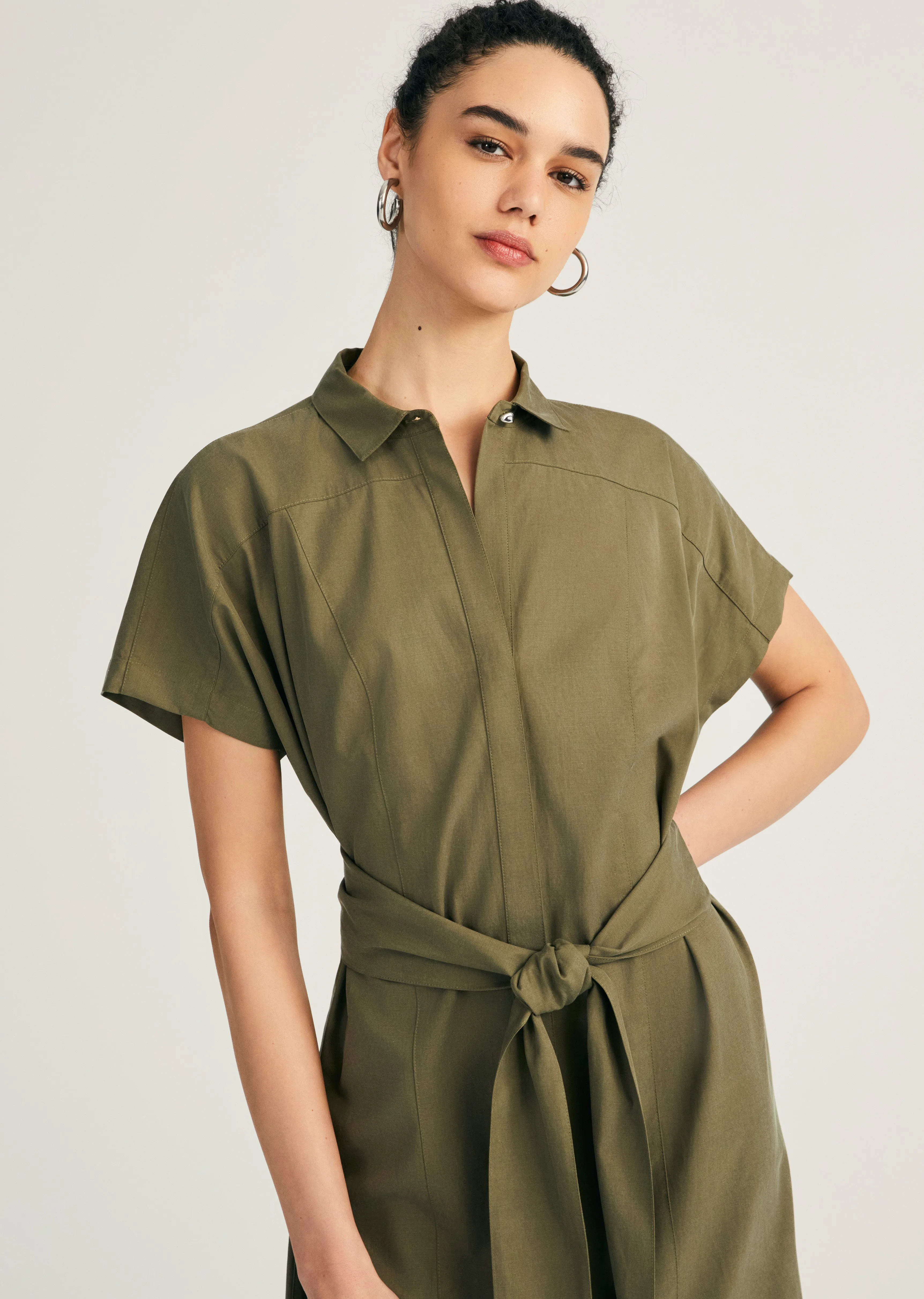 Mikala Short Sleeve Belted Shirt Dress - Oregano