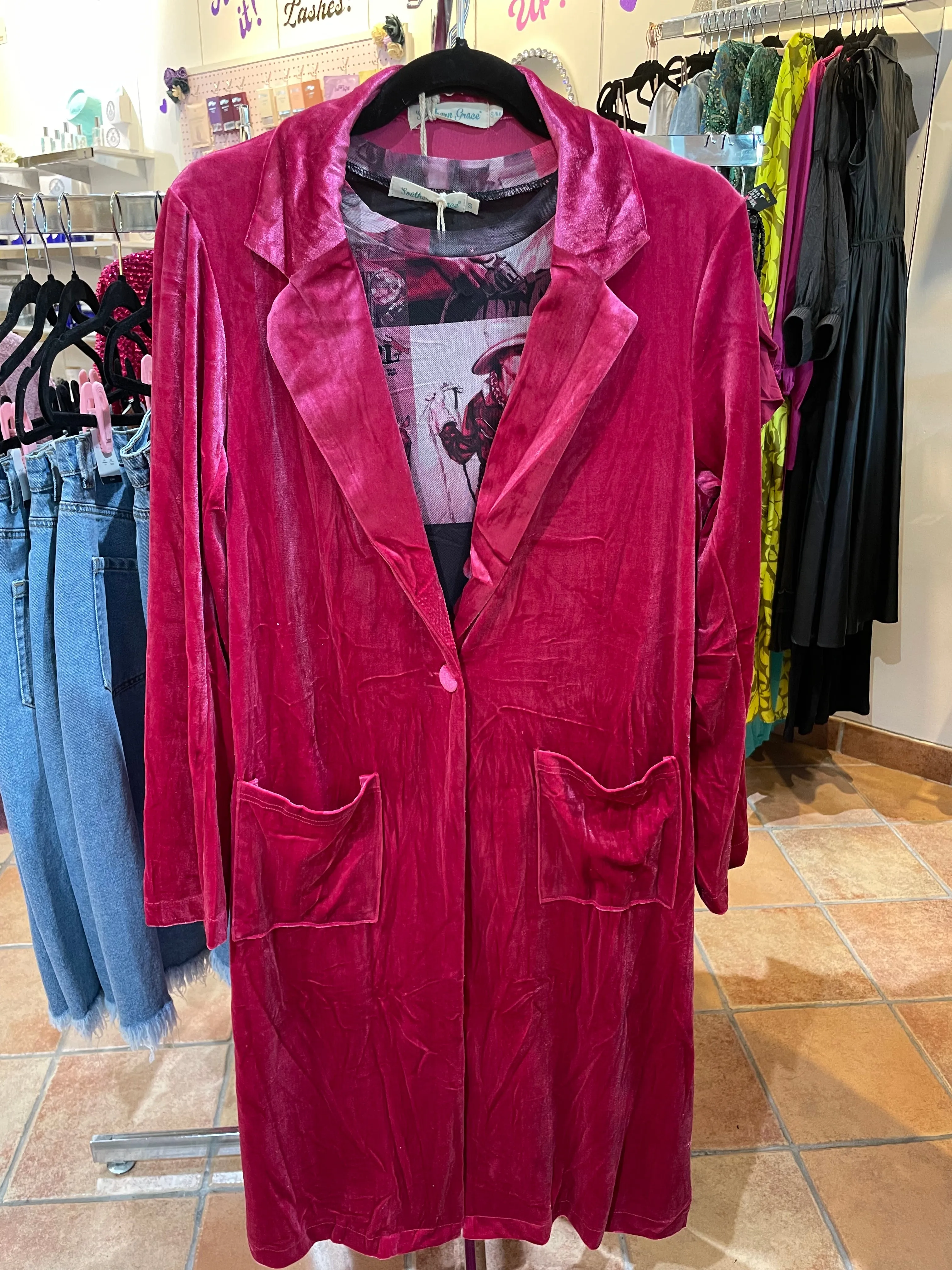 Must Have Velvet Duster Jacket in Magenta