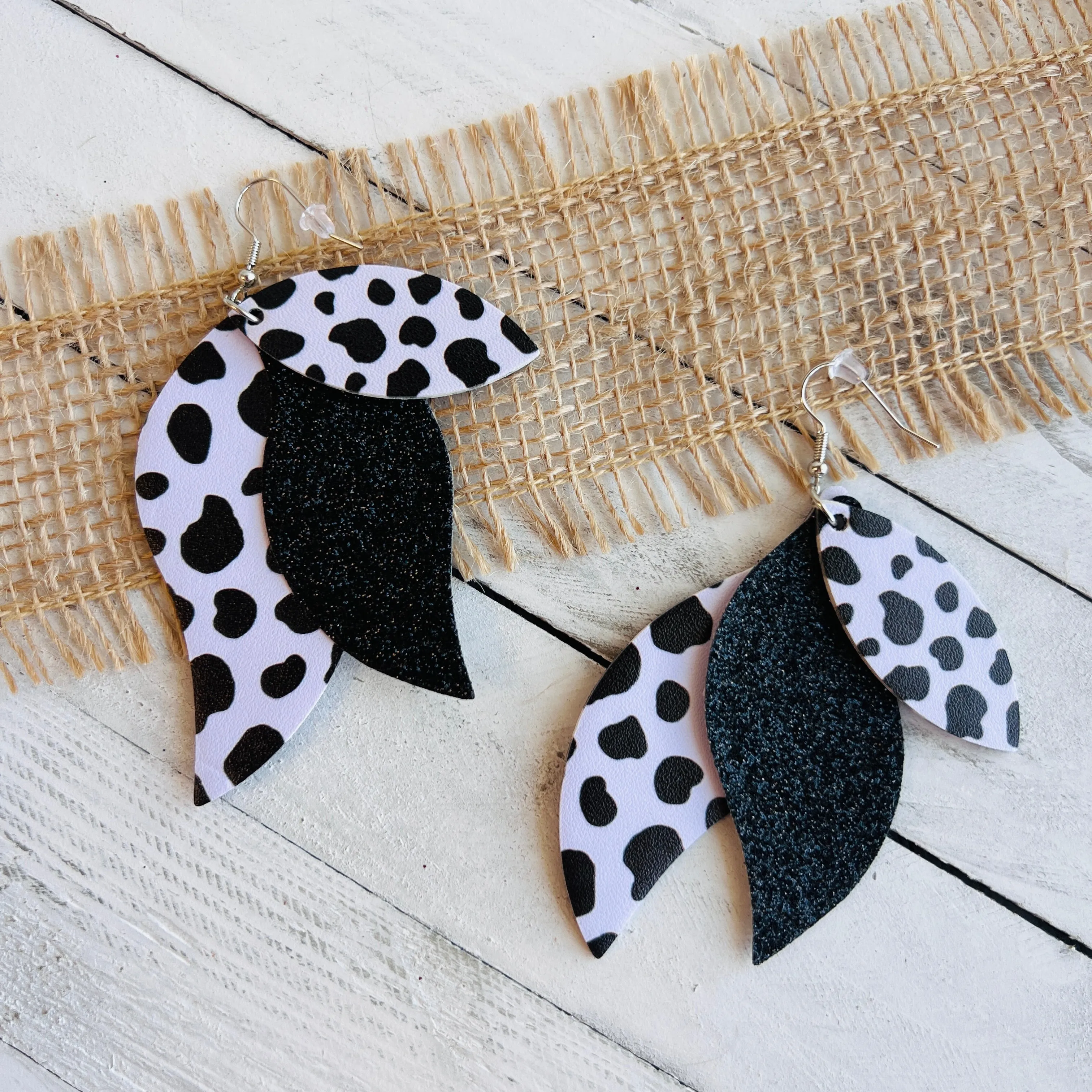 Nashville Cow Black Faux Leather Teardrop Ear Bling Two Styles Available