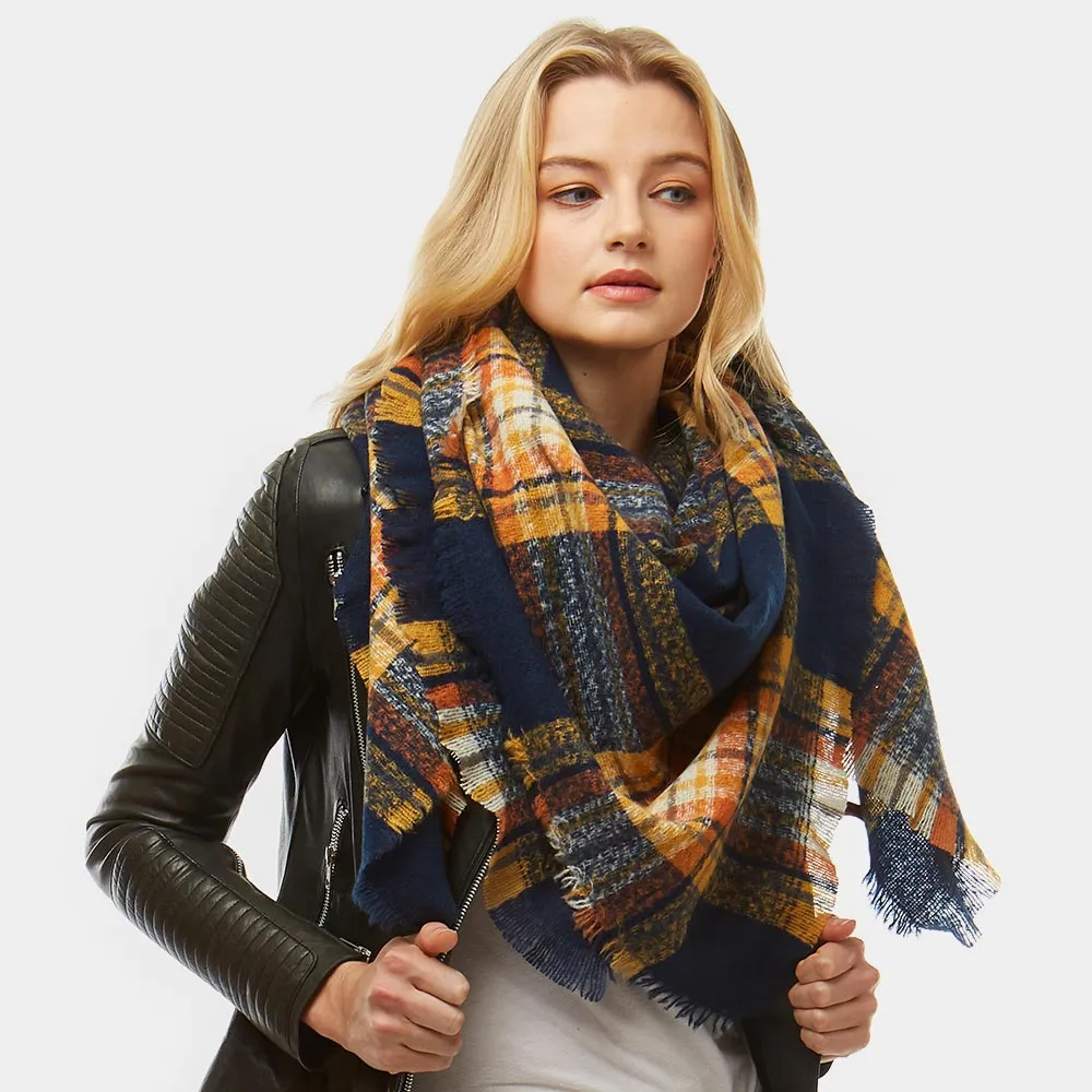 Navy and Mustard Yellow Plaid Blanket Scarf