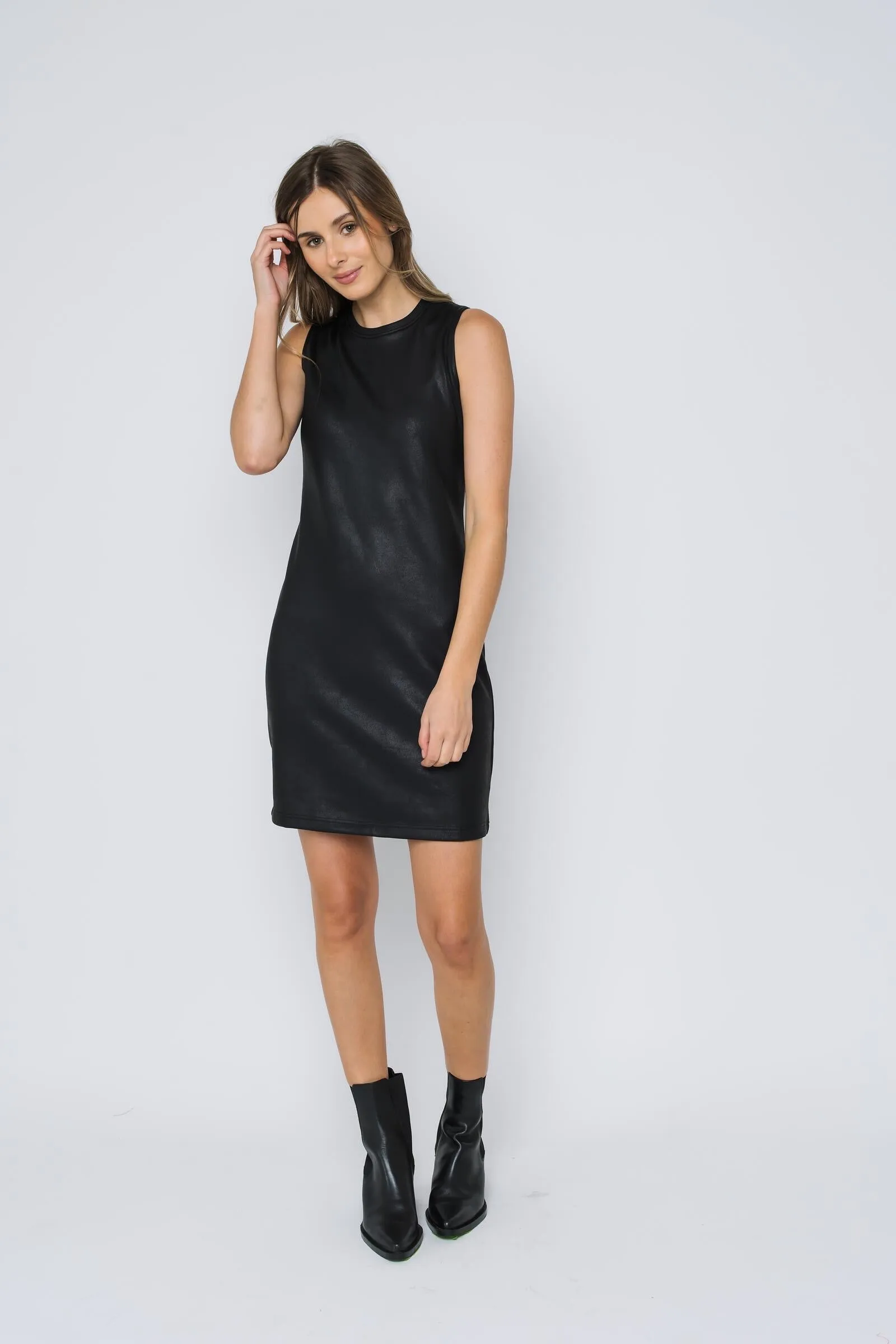 Oakley-Faux Leather Shift Dress