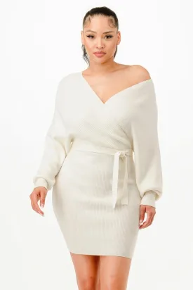 Off Shoulder Wrap Belted Ribbed Sweather Dress