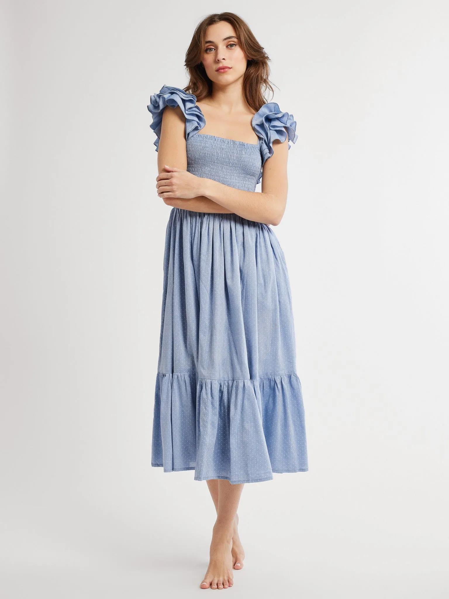 Olympia Dress in Chambray Polka Dot