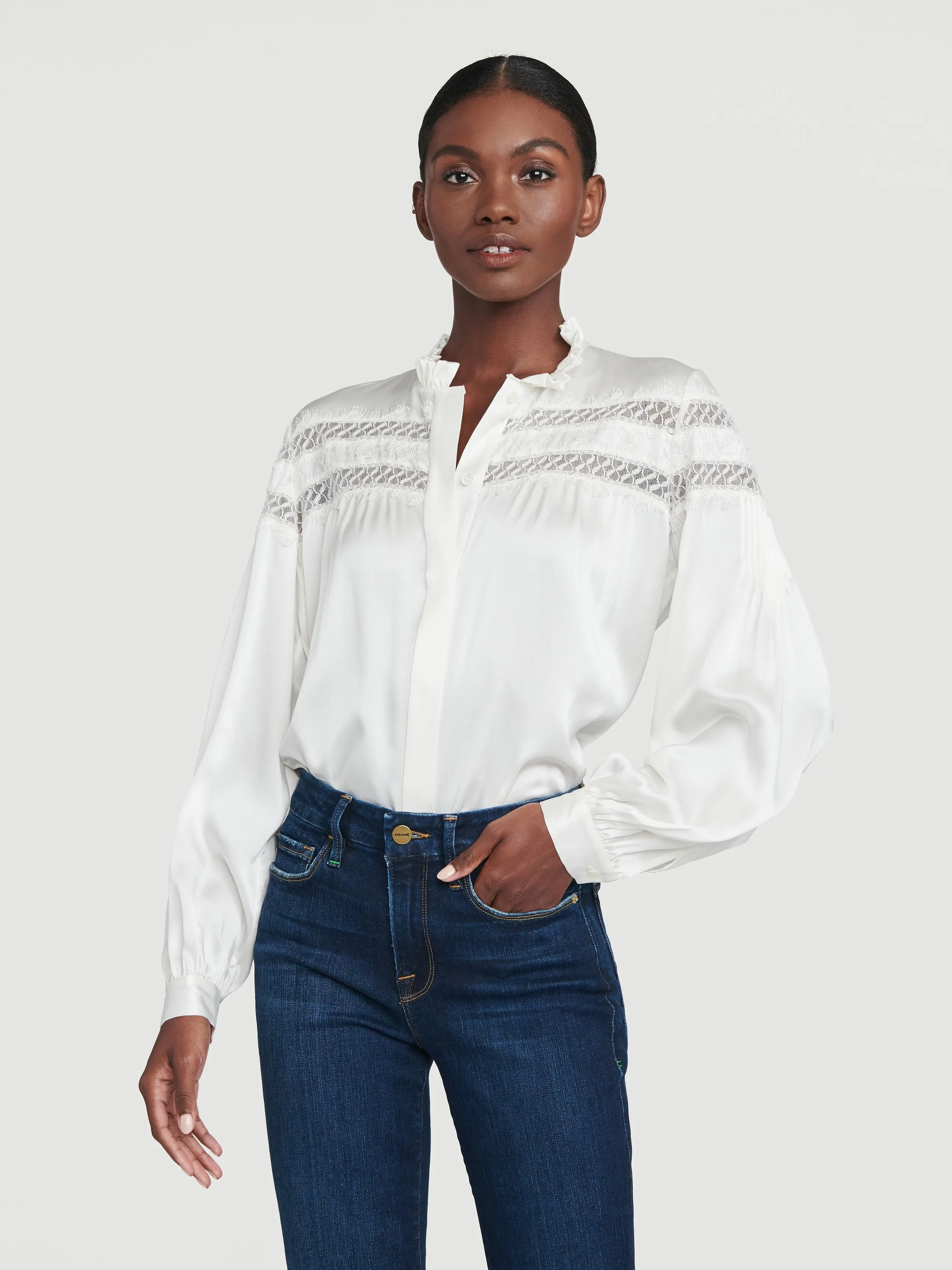 Paneled Lace Long Sleeve Top -- Off White