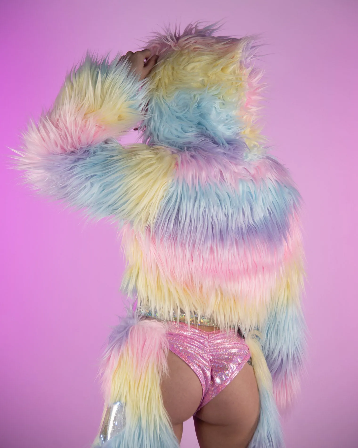 Pastel Rainbow Light Up LED Faux Fur Cropped Jacket