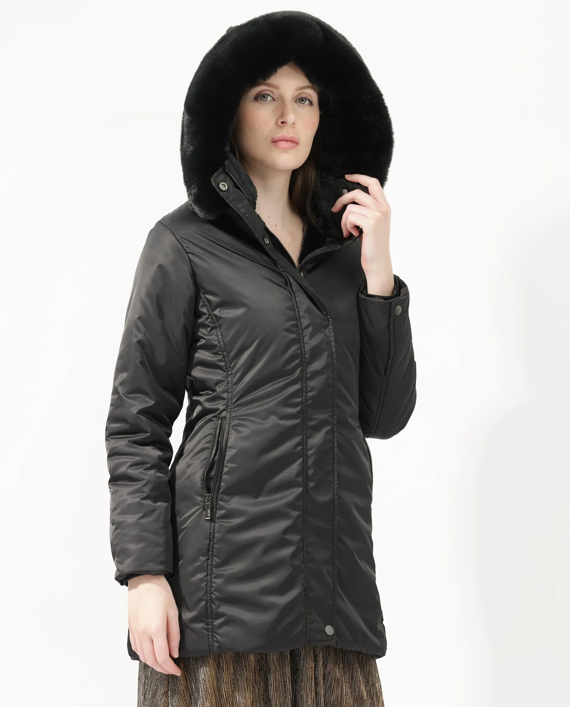 Rareism Women Angena Black Polyester Fabric Full Sleeves Zip Closure Hooded Regular Fit Plain Jacket