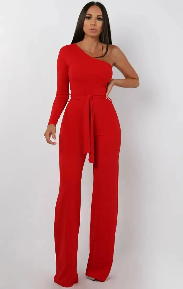 Red Belted One Shoulder Jumpsuit - Evelyn