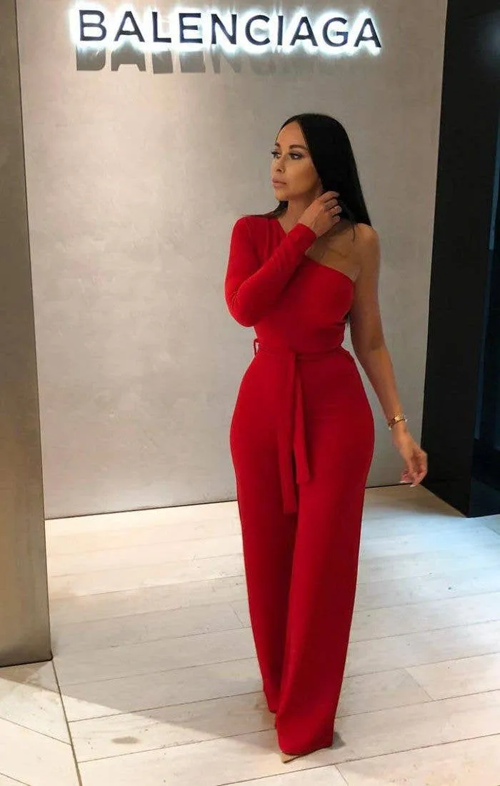 Red Belted One Shoulder Jumpsuit - Evelyn