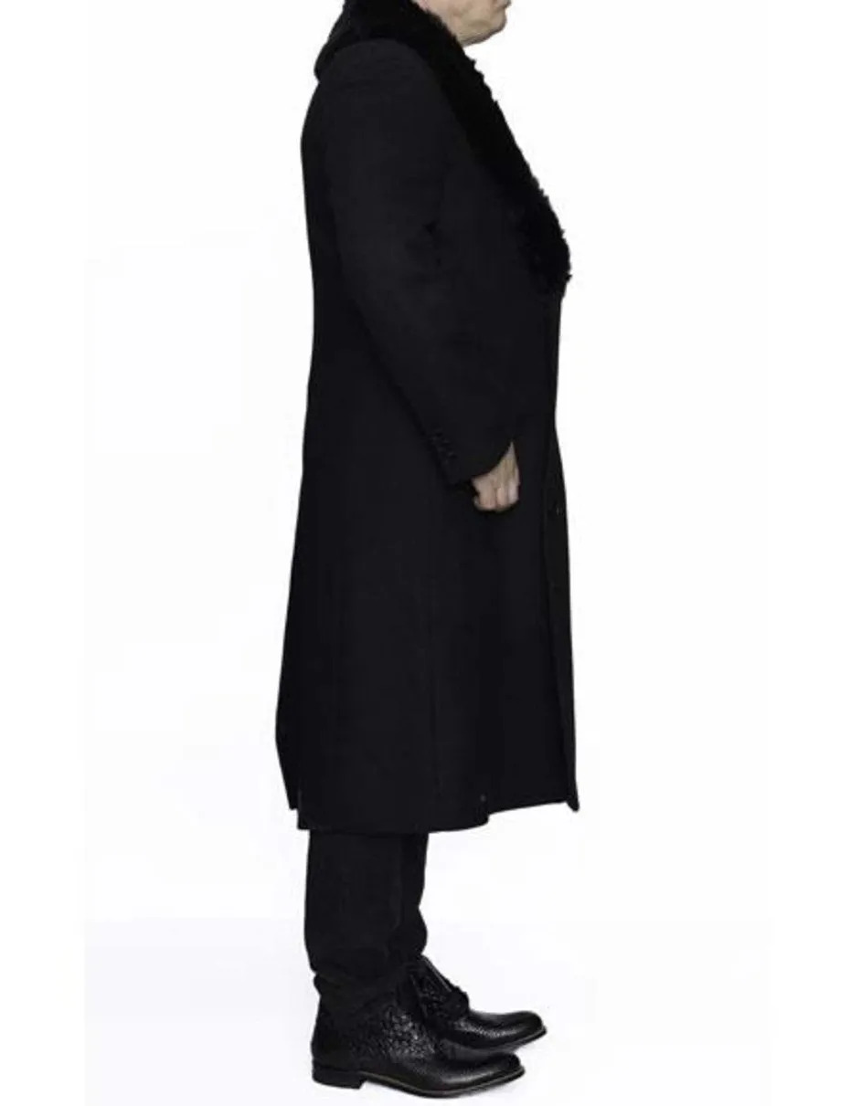 Removable Fur Collar Ankle length Black Full Length Wool Dress Top Coat/Overcoat