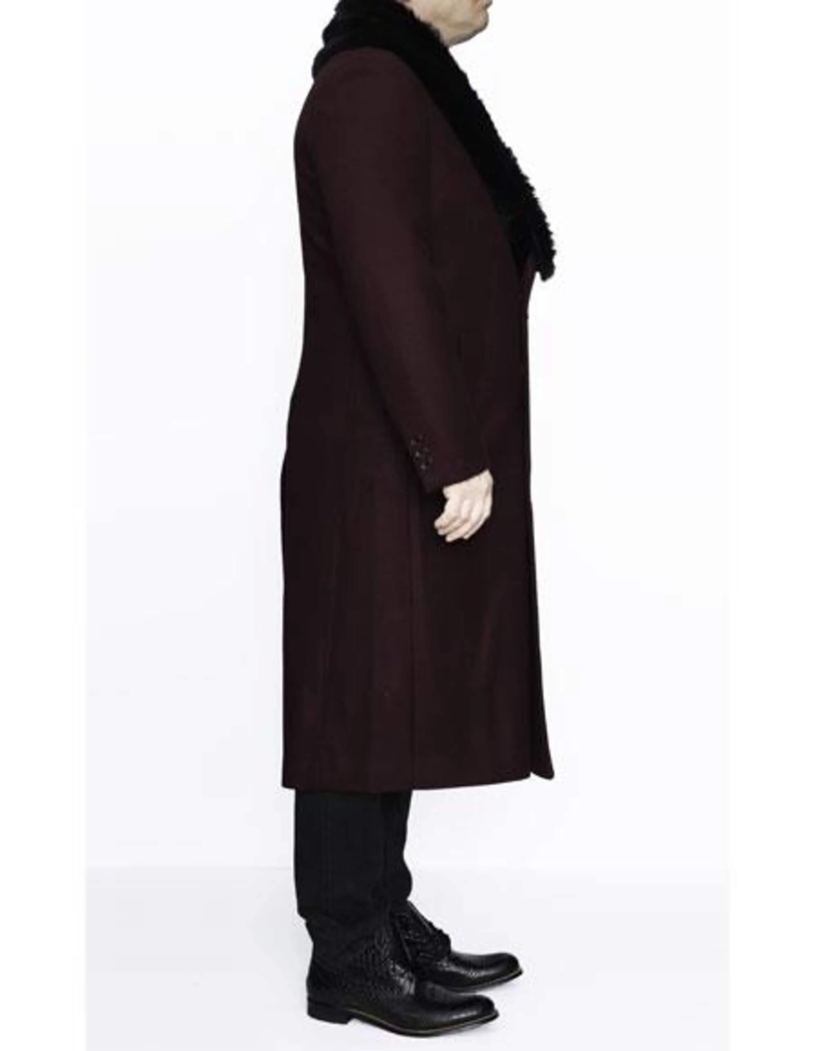 Removable Fur Collar Full Length Wool Dress Ankle length Top Coat/Overcoat Burgundy