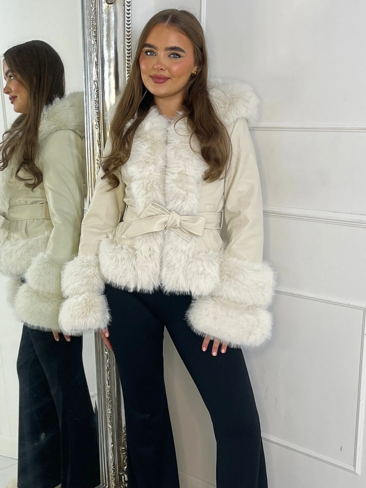 Short Belted Faux Fur & Pu Contrast Jacket - Beige