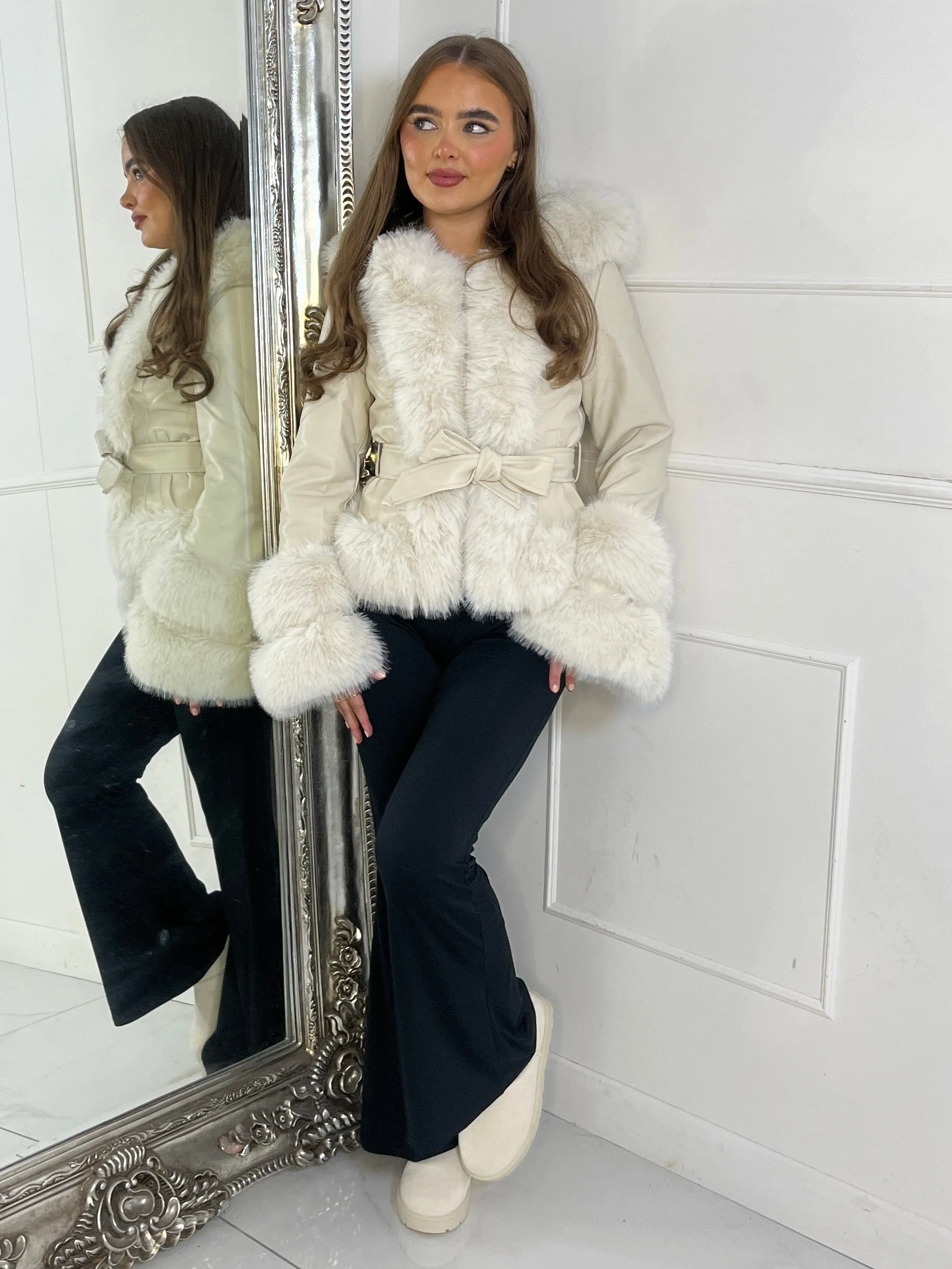 Short Belted Faux Fur & Pu Contrast Jacket - Beige