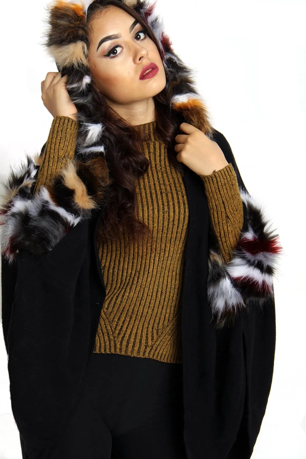 Short Faux Fur Cape With Sleeves