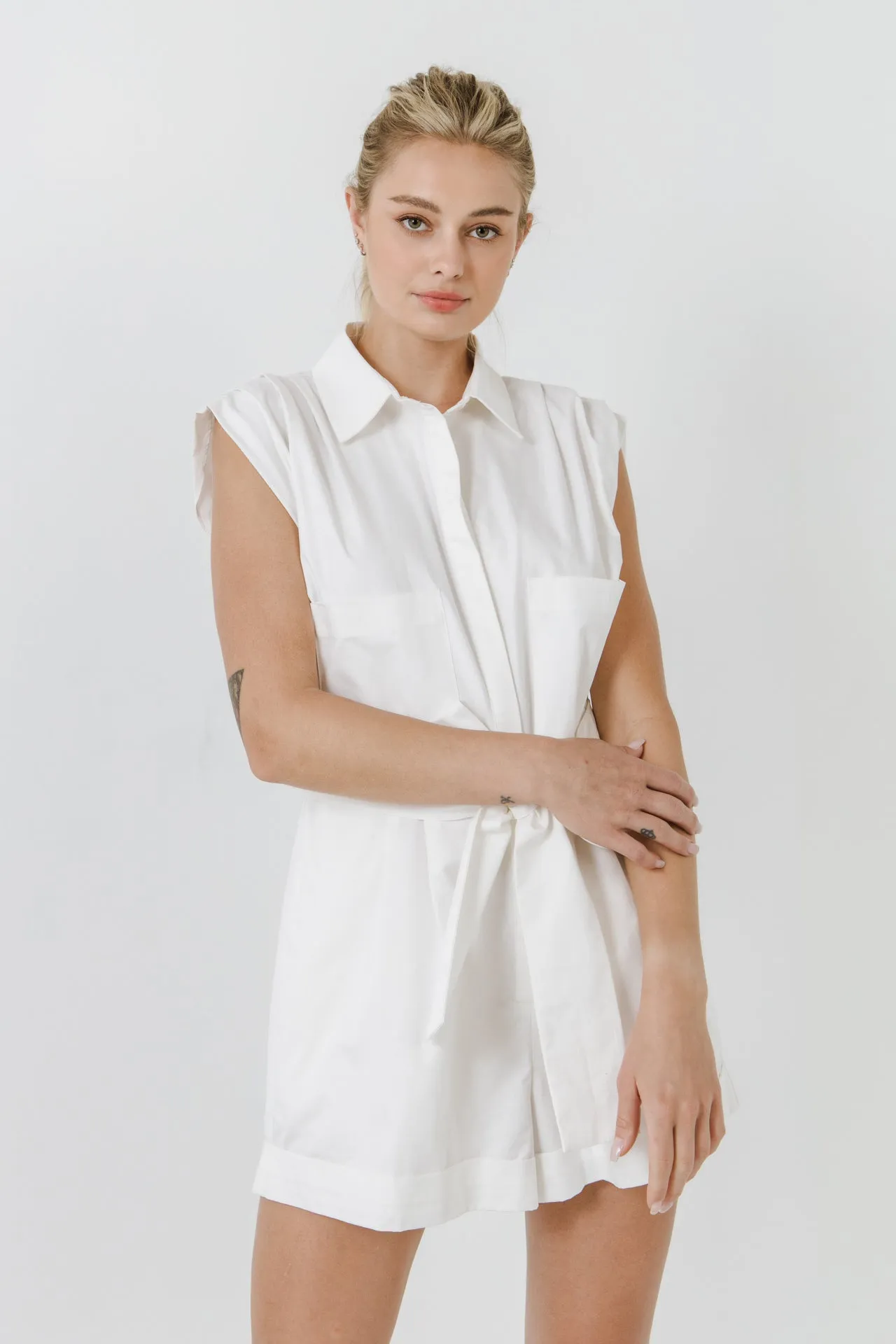 Shoulder Pleated Collared Romper