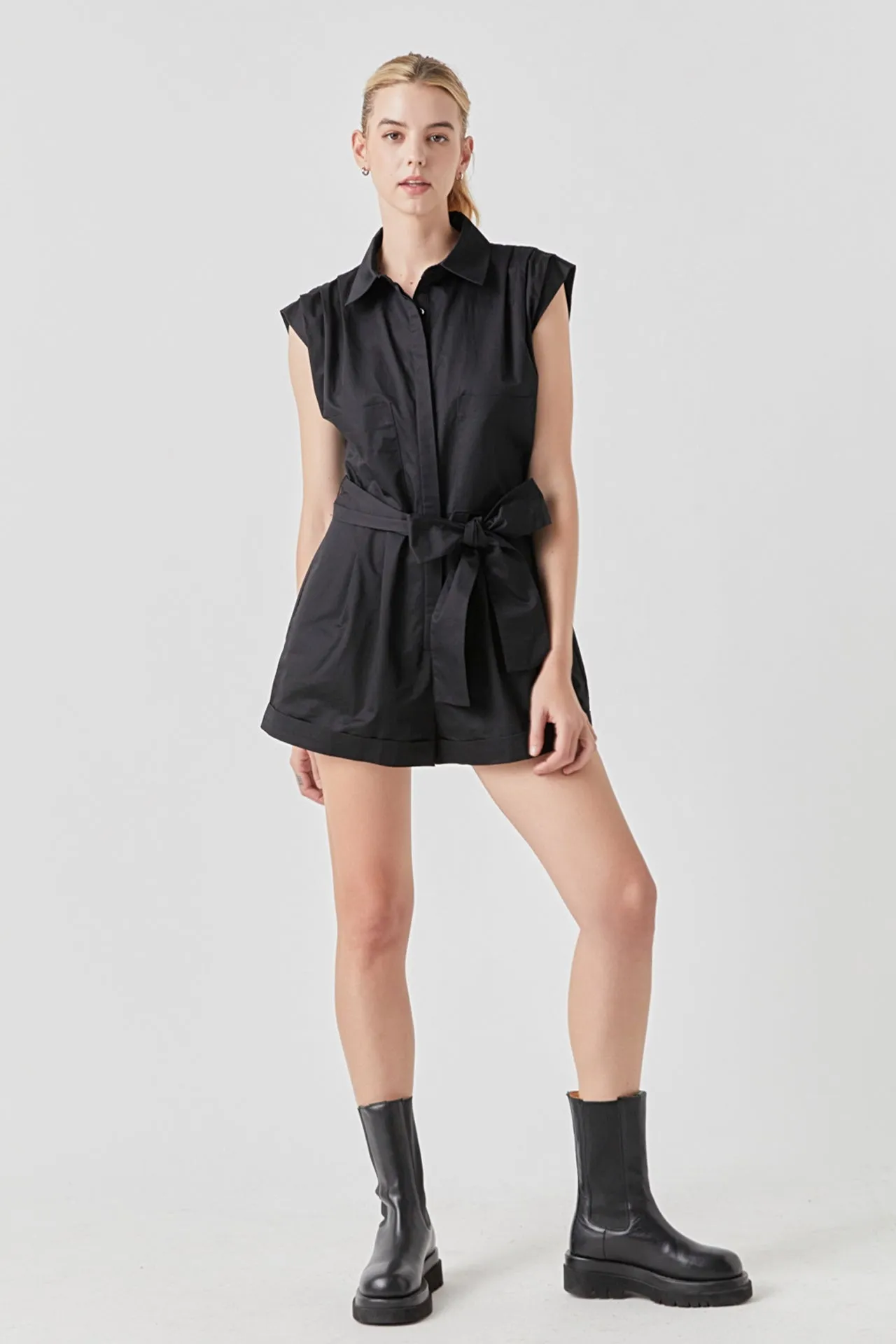 Shoulder Pleated Collared Romper