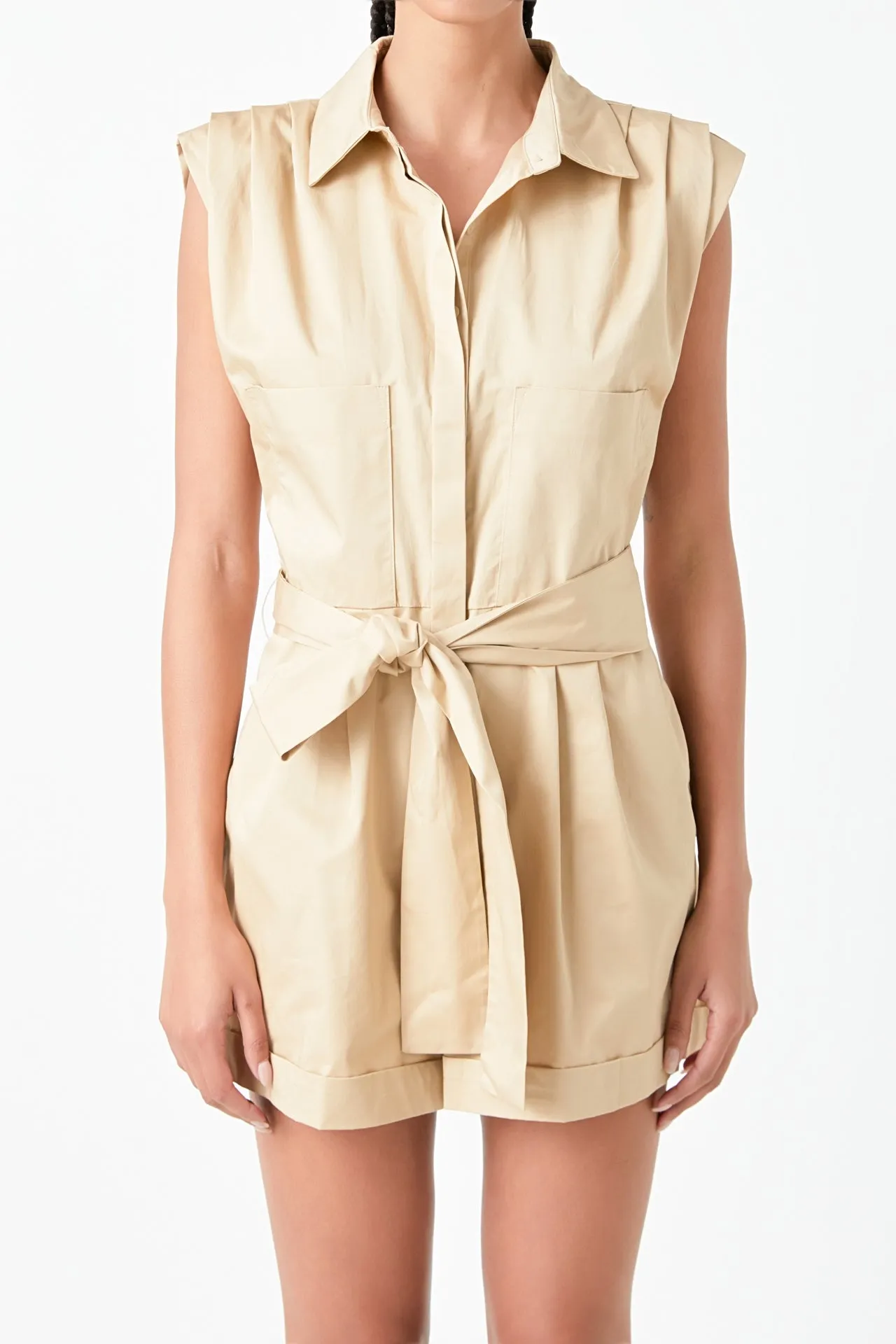 Shoulder Pleated Collared Romper