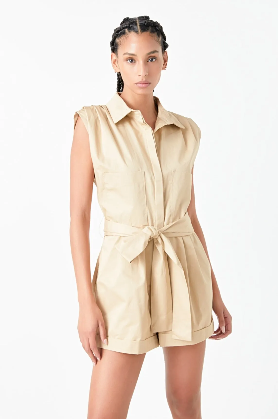 Shoulder Pleated Collared Romper