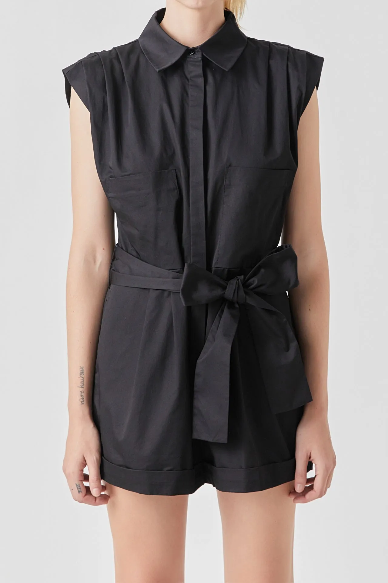 Shoulder Pleated Collared Romper