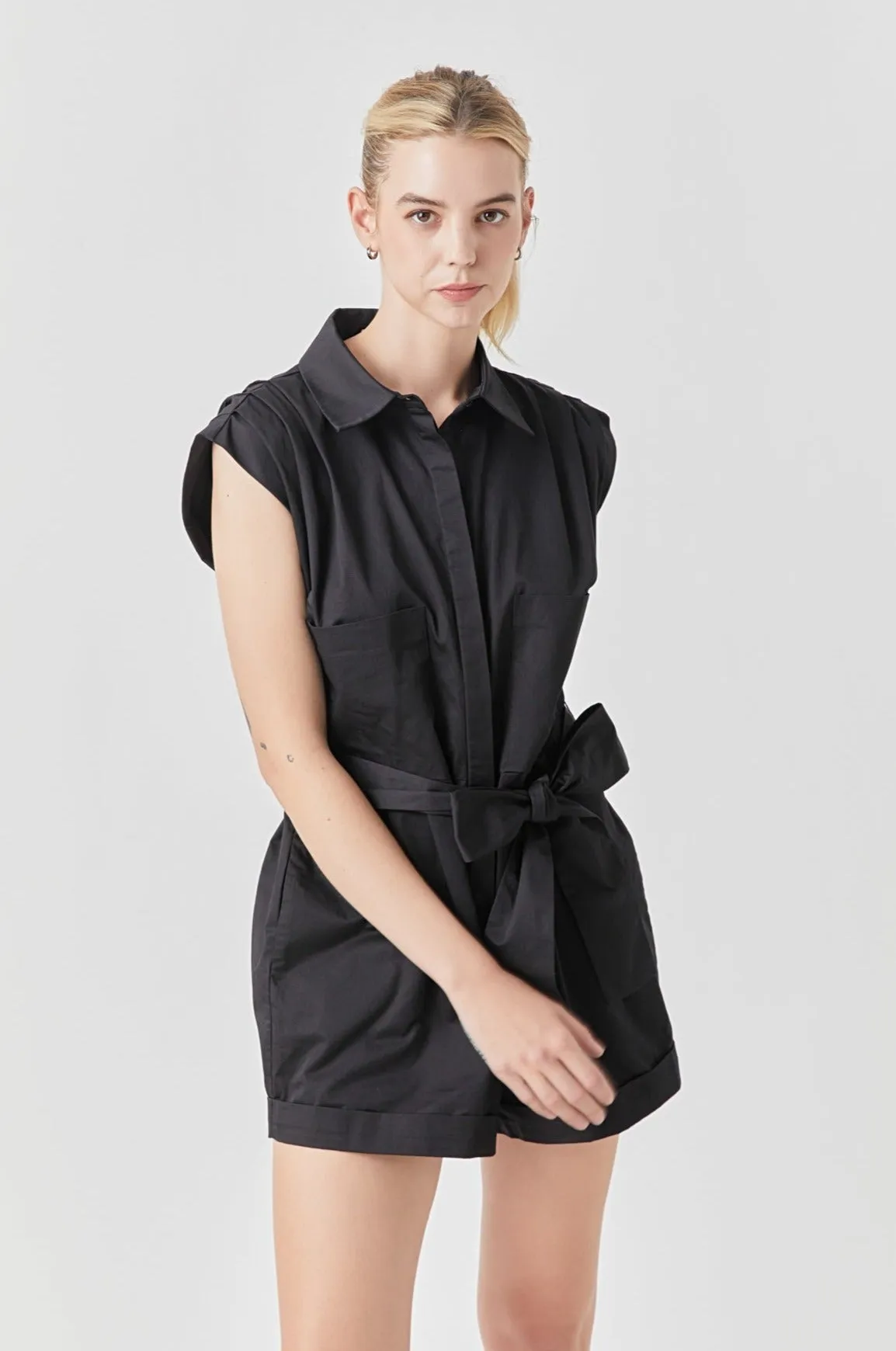 Shoulder Pleated Collared Romper